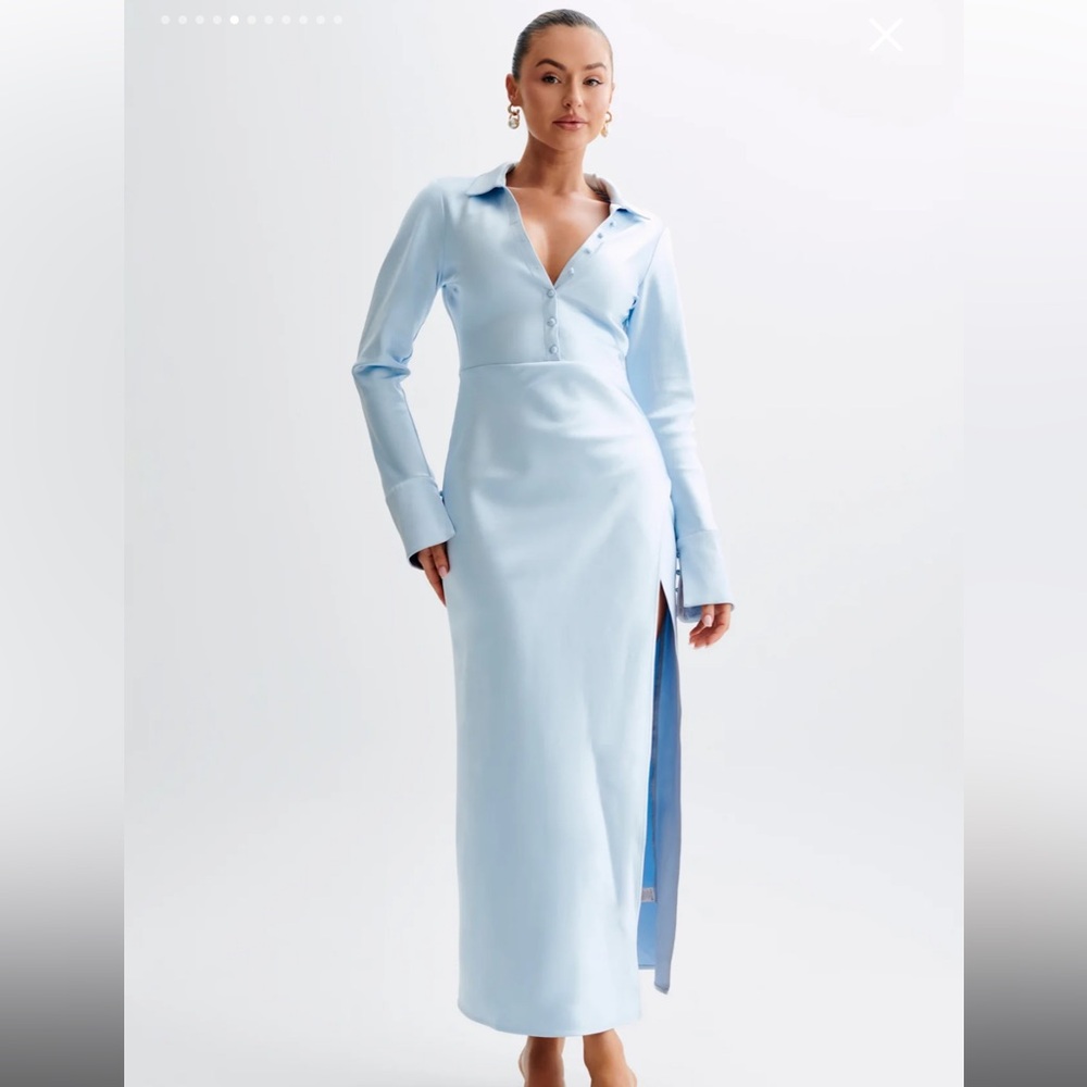 Meshki Satin Collared Maxi Dress - Ice Blue